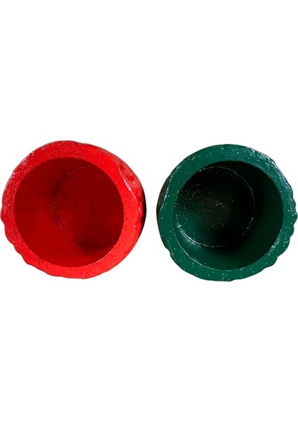 0696 El Yapımı Taş Motifli Kırmızı ve Koyu Yeşil 2'li Dekor Saksısı- 6 x 7 cm