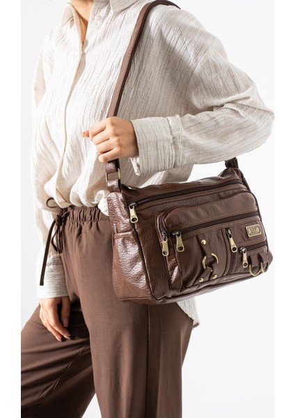 Yıkama deri Çapraz Askılı Omuz Çantası Poliüretan Deri Taba MODEL:(571-14-16B)