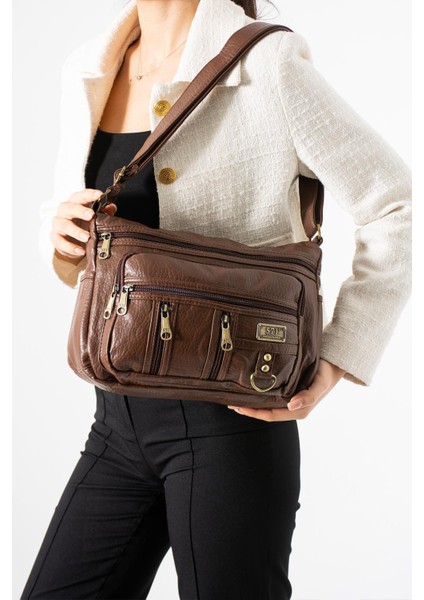 Yıkama deri Çapraz Askılı Omuz Çantası Poliüretan Deri Taba MODEL:(571-14-16D)