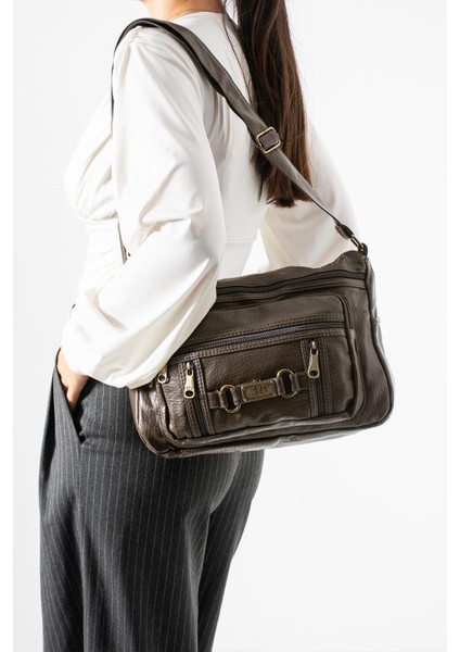 Yıkama deri Çapraz Askılı Omuz Çantası Poliüretan Deri Vizon MODEL:(571-14-16F)