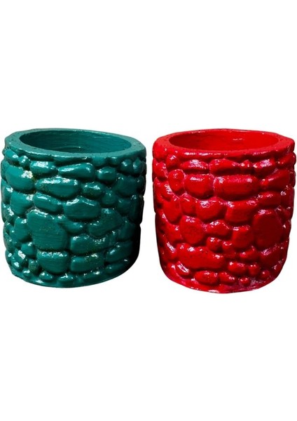 0655 El Yapımı Taş Motifli Simli Kırmızı ve Yeşil 2'li Dekor Saksısı - 6 x 7 cm fırsatları