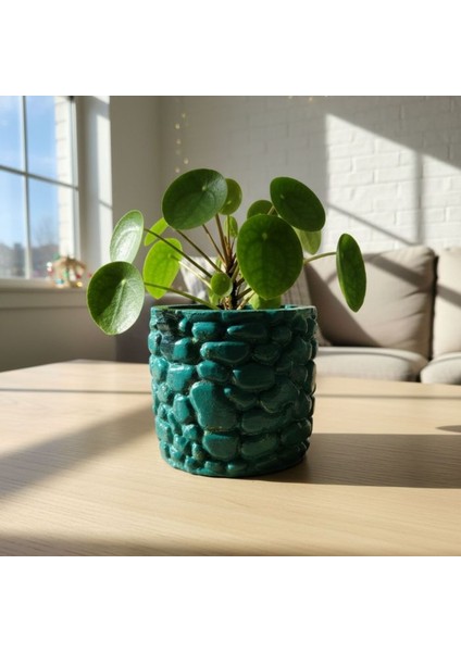 0655 El Yapımı Taş Motifli Simli Kırmızı ve Yeşil 2'li Dekor Saksısı - 6 x 7 cm