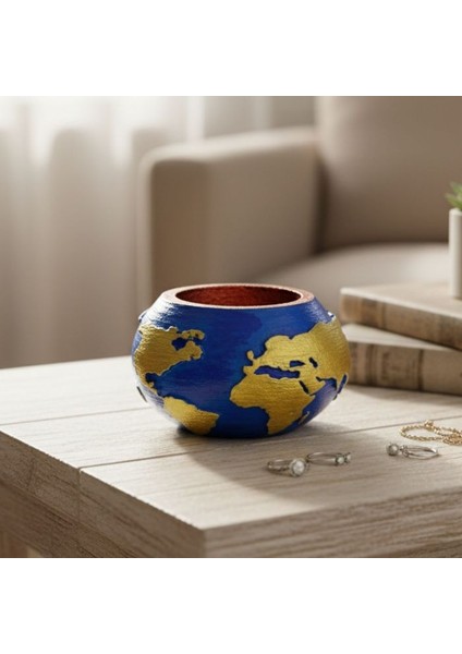 9197 El Yapımı Dünya Şeklinde Mavi - Gold Renk Saksı / Mumluk Dekoratif Obje - 6 x 9 cm