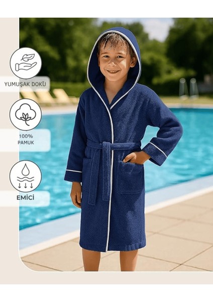 Çocuk Bornoz 11-12 Yaş | %100 Pamuklu-Lacivert-Yumuşak Doku-Kapüşonlu-Cepli-Biyeli