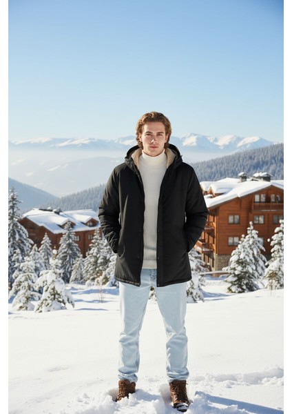 İçi Kürklü Su ve Rüzgar Geçirmez Cepli Kapüşonlu Erkek Mont