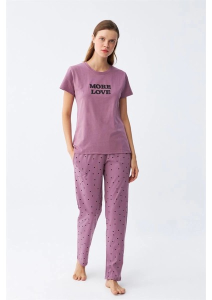 Moda Kadın Mor Yıldız Desenli Penye Kısa Kol Pijama Takımı fiyatları