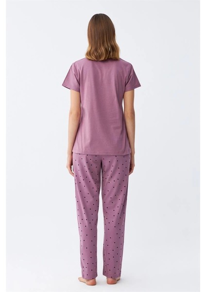 Moda Kadın Mor Yıldız Desenli Penye Kısa Kol Pijama Takımı indirimleri