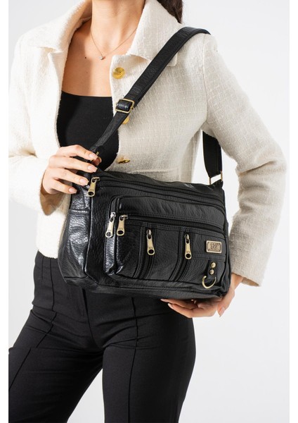 Yıkama deri Çapraz Askılı Omuz Çantası Poliüretan Deri Siyah MODEL:(571-14-16D)