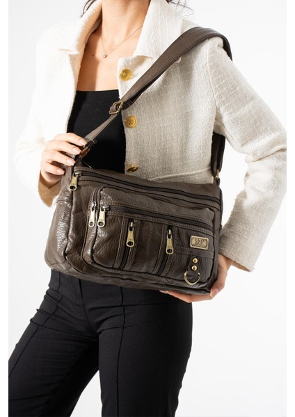 Yıkama deri Çapraz Askılı Omuz Çantası Poliüretan Deri Vizon MODEL:(571-14-16D)