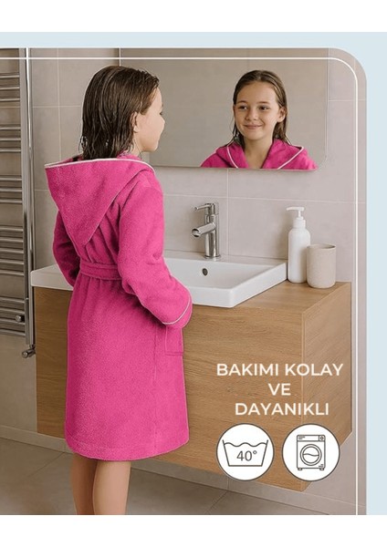 Çocuk Bornoz 15-16 Yaş | %100 Pamuklu-Fuşya-Yumuşak Doku-Kapüşonlu-Cepli-Biyeli modelleri
