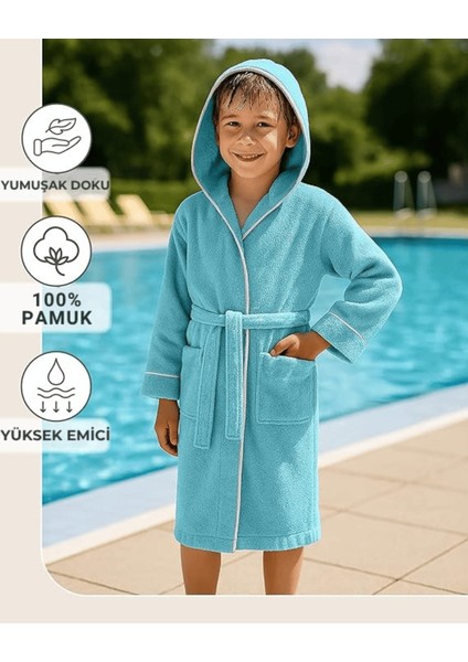 Çocuk Bornoz 9-10 Yaş | %100 Pamuklu-Turkuaz-Yumuşak Doku-Kapüşonlu-Cepli-Biyeli