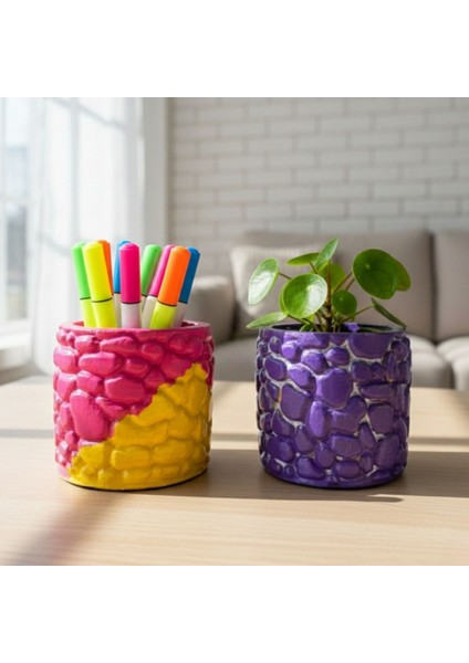 9011 El Yapım Taş Motifli 2'li Mor ve Pembe Dekor Saksısı- 6 x 7 cm