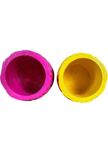 3829 El Yapımı Taş Motifli Sarı ve Pembe Dekor Saksısı - 6 x 7 cm
