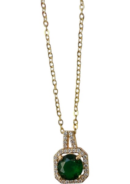 Altın Renk Kare Yeşil Taş Sf Zincir Çelik Kolye