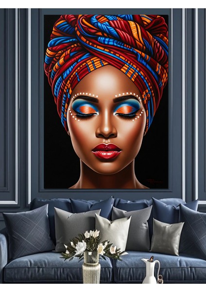 Renkli Başlıklı Afrika Kadın Dekoratif Kanvas - Mdf Ahşap Tablo