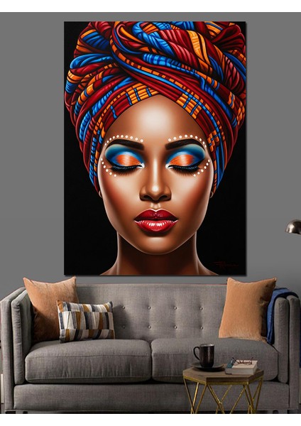 Renkli Başlıklı Afrika Kadın Dekoratif Kanvas - Mdf Ahşap Tablo fırsatları