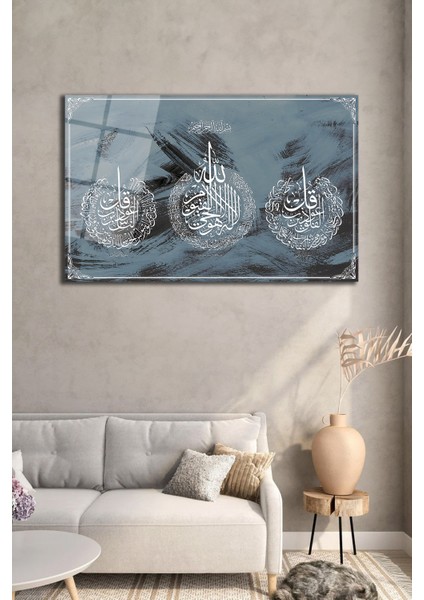 Ayetel Kürsi Felak ve Nas Sureleri Dini Islami Yatay Cam Tablo, Iş, Ofis,makam Odası Hediyelik Tablo