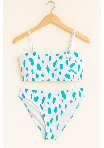 Kadın Beyaz Turkuaz Desenli Bikini Takımı – Straplez Üst, Ince Askılı 1440-59 fırsatları