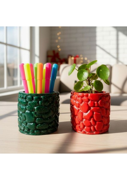 0696 El Yapımı Taş Motifli Kırmızı ve Koyu Yeşil 2'li Dekor Saksısı- 6 x 7 cm