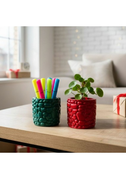 0655 El Yapımı Taş Motifli Simli Kırmızı ve Yeşil 2'li Dekor Saksısı - 6 x 7 cm
