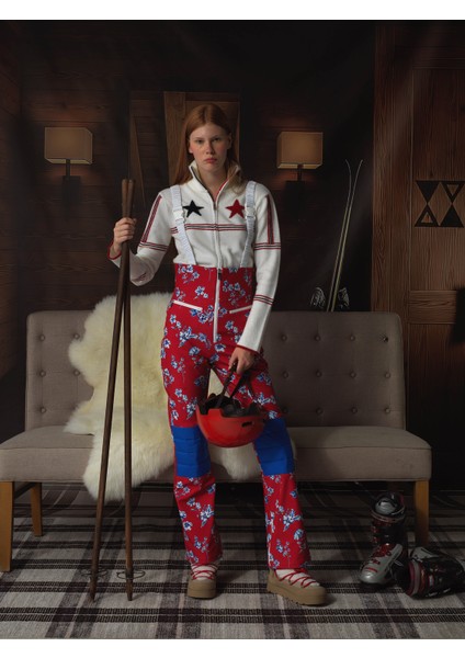 Kadın Kırmızı Softshell Dokulu Regular Fit Kayak Salopeti