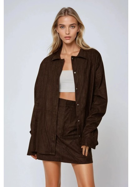 Kadın Suni Suet Düğmeli Gömlek Kestane Kahvesi