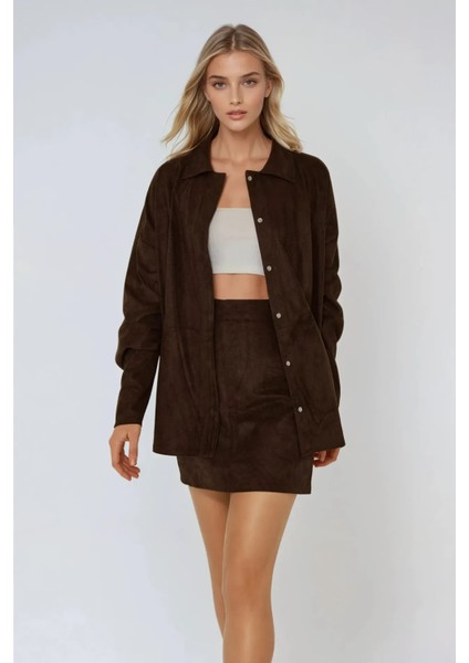 Kadın Suni Suet Düğmeli Gömlek Kestane Kahvesi fiyatları