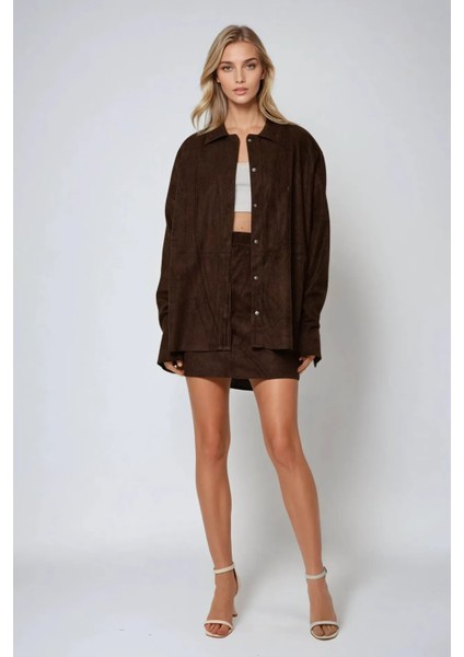 Kadın Suni Suet Düğmeli Gömlek Kestane Kahvesi modelleri
