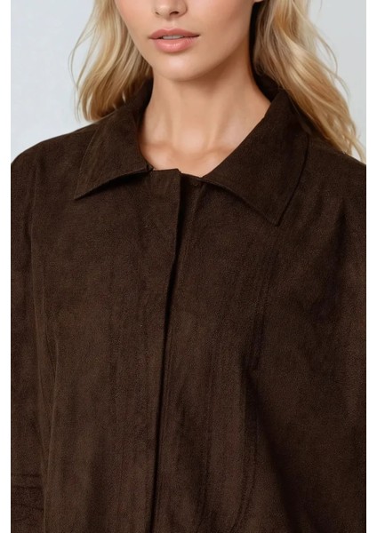 Kadın Suni Suet Düğmeli Gömlek Kestane Kahvesi indirimleri