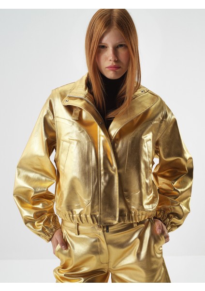 Kadın Gold Pamuk Dokulu Oversize Ceket