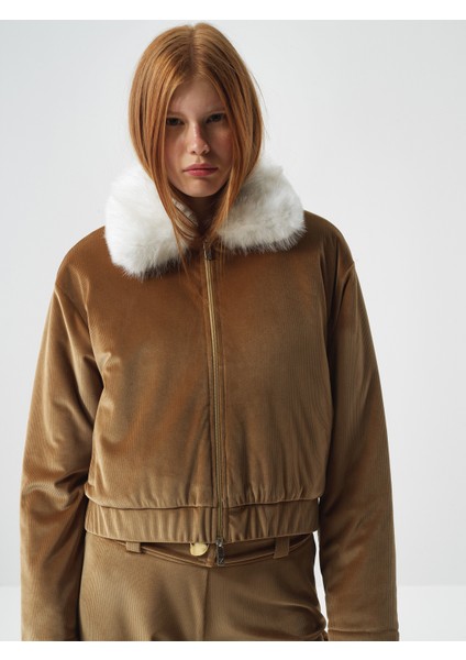 Kadın Camel Lüks Dokulu Soft Kadife Oversize Ceket