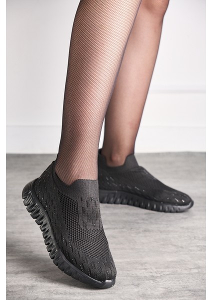 Siyah Triko Kadın Spor Ayakkabı Taşlı Ortopedik Lastik Nefes Alan Hafif Esnek Taban Sneaker 502