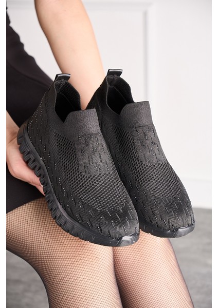Siyah Triko Kadın Spor Ayakkabı Taşlı Ortopedik Lastik Nefes Alan Hafif Esnek Taban Sneaker 502 modelleri