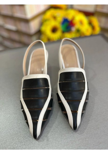 Siyah Beyaz Deri Slingback Topuklu Ayakkabı fiyatları