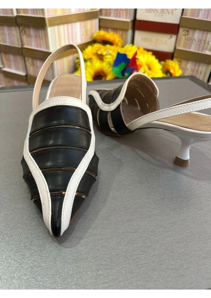 Siyah Beyaz Deri Slingback Topuklu Ayakkabı fırsatları