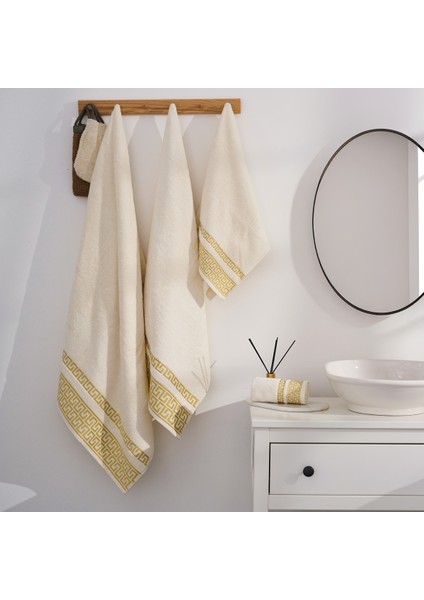 Greek Desen Havlu Set | %100 Pamuk-4'lü Set-Krem-Banyo-Mutfak-Desenli