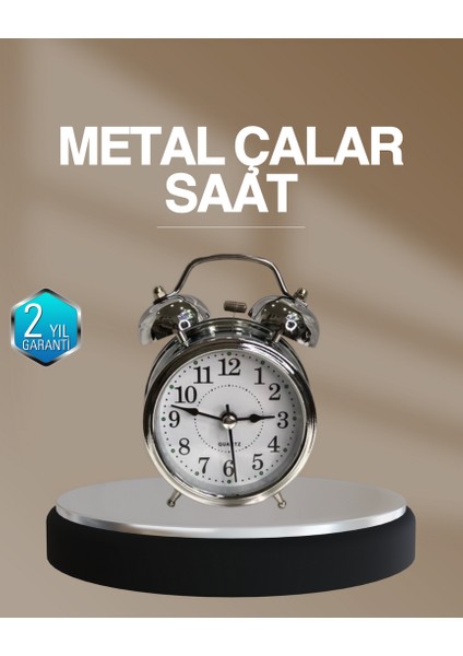 Sptrns Dekoratif Yuvarlak Gümüş Sessiz Işıklı Masa Üstü Çalar Saat Alarmlı ve Şık Tasarım