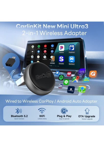Carlinkit Mini Ultra-3 5.4 Blutooth Versiyon Kablosuz Carplay & Android Auto Adapter – Wired Carplay/android Auto’yu Kablosuza Çeviren Plug & Play Dongle fırsatları