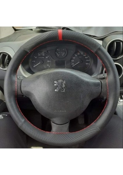 Dikişli Direksiyon Kılıfı Karbon / Nokta Deri Kırmızı Yüzük Kırmızı Dikişli Peugeot Partner Için