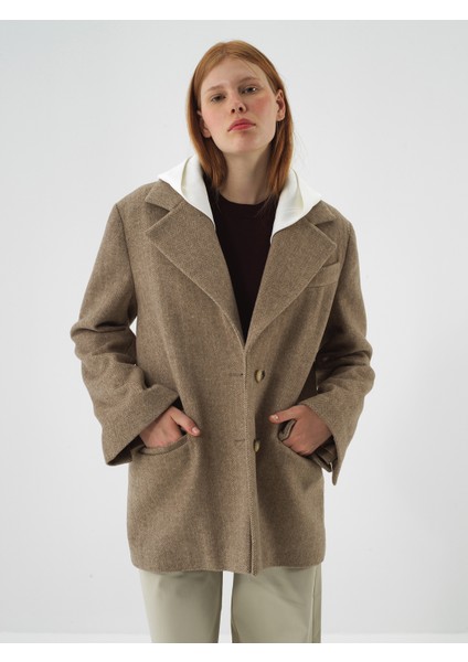 Kadın Camel Doğal Yün Dokulu Oversize Ceket