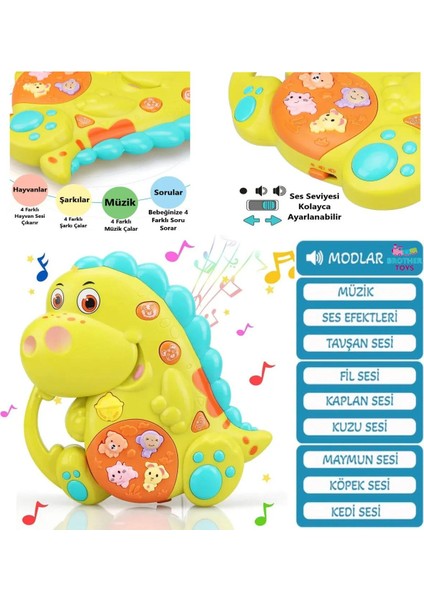 Hayvan Sesli Işıklı Müzikli Eğitici Çok Fonksiyonlu Bebek ve Çocuk Dinozor Dinazor Piyano 16 Cm.