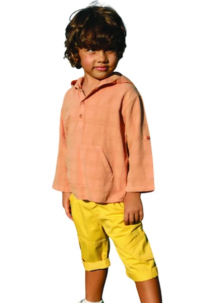 Erkek Çocuk Kapüşonlu Kanguru Cepli Pamuk Gömlek – Yumuşak Kumaş, Katlanabilir Kol