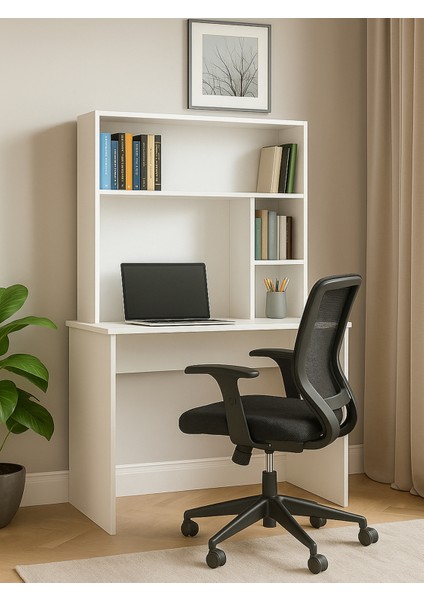 Harris Raflı Arka Panelli Çalışma Masası Beyaz