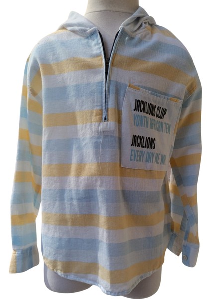 Erkek Çocuk Kapüşonlu Mavi Çizgili Gömlek – %100 Pamuk, Esnek ve İnce Kumaş