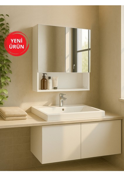 Trama Aynalı Banyo Üst Dolabı 3 Raflı Çok Amaçlı Dolap Beyaz