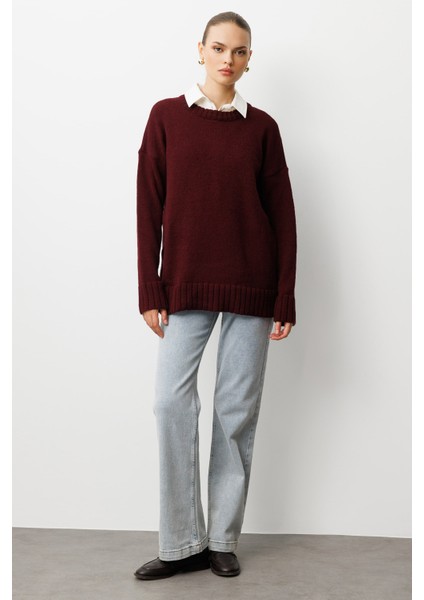Yuvarlak Yaka Oversize Bordo Triko Kazak