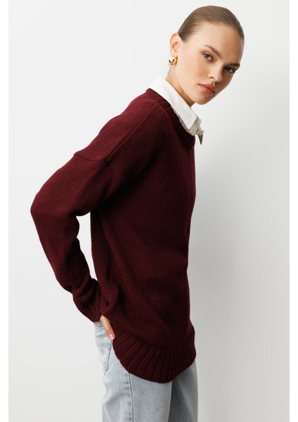 Yuvarlak Yaka Oversize Bordo Triko Kazak fiyatları