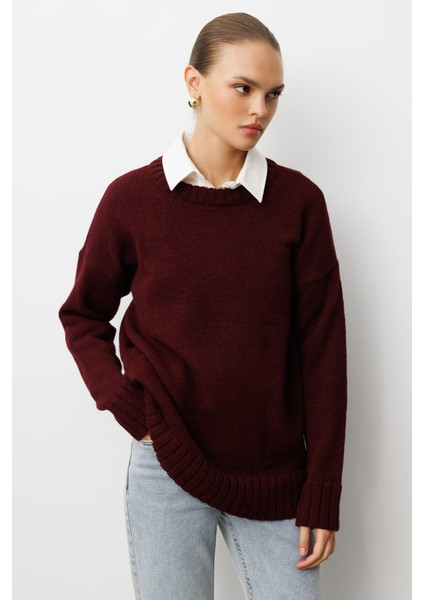 Yuvarlak Yaka Oversize Bordo Triko Kazak fırsatları