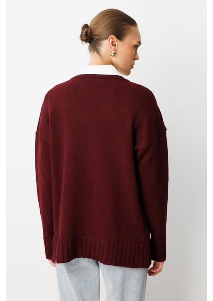 Yuvarlak Yaka Oversize Bordo Triko Kazak indirimleri