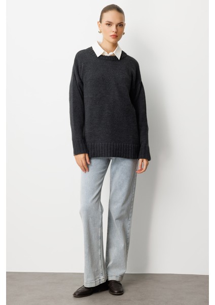 Yuvarlak Yaka Oversize Antrasit Triko Kazak